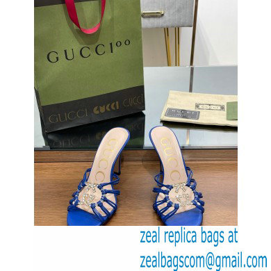 Gucci Heel 9cm Slide Sandals Blue with crystals Interlocking G 2023