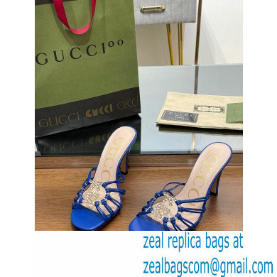 Gucci Heel 9cm Slide Sandals Blue with crystals Interlocking G 2023