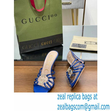 Gucci Heel 9cm Slide Sandals Blue with crystals Interlocking G 2023