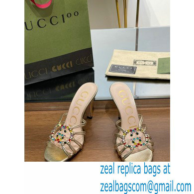 Gucci Heel 9cm Slide Sandals Gold with crystals Interlocking G 2023