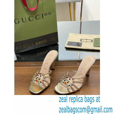 Gucci Heel 9cm Slide Sandals Gold with crystals Interlocking G 2023