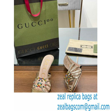 Gucci Heel 9cm Slide Sandals Gold with crystals Interlocking G 2023