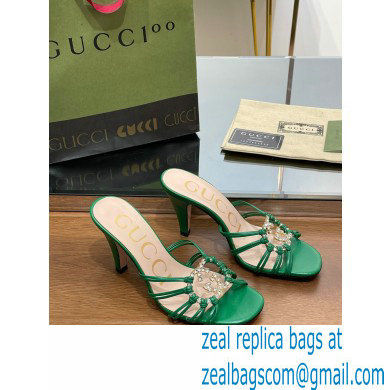 Gucci Heel 9cm Slide Sandals Green with crystals Interlocking G 2023 - Click Image to Close