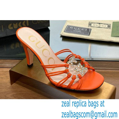 Gucci Heel 9cm Slide Sandals Orange with crystals Interlocking G 2023
