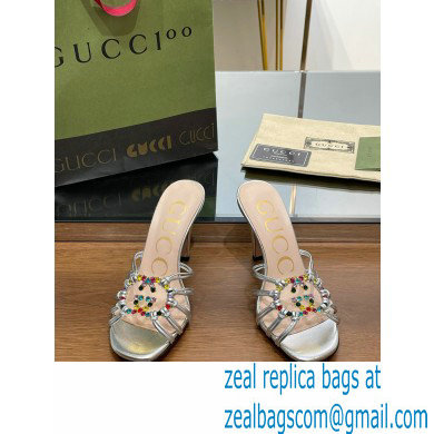 Gucci Heel 9cm Slide Sandals Silver with crystals Interlocking G 2023