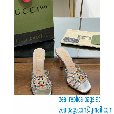 Gucci Heel 9cm Slide Sandals Silver with crystals Interlocking G 2023