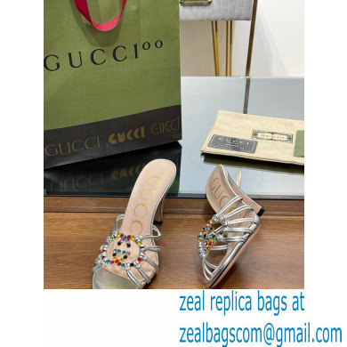 Gucci Heel 9cm Slide Sandals Silver with crystals Interlocking G 2023