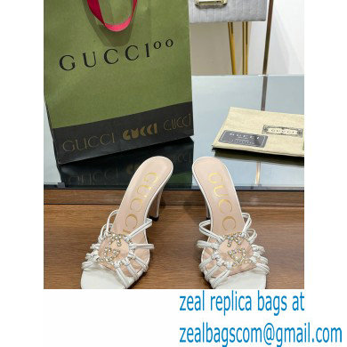 Gucci Heel 9cm Slide Sandals White with crystals Interlocking G 2023