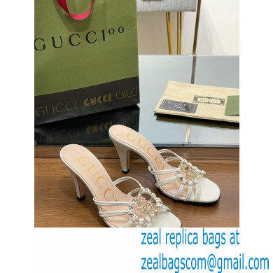 Gucci Heel 9cm Slide Sandals White with crystals Interlocking G 2023