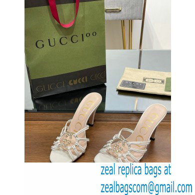 Gucci Heel 9cm Slide Sandals White with crystals Interlocking G 2023