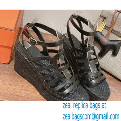 Hermes Heel 8.5cm Platform 5cm Catalya Wedge Espadrilles All Black 2023 - Click Image to Close