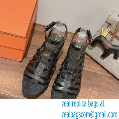 Hermes Heel 8.5cm Platform 5cm Catalya Wedge Espadrilles All Black 2023 - Click Image to Close