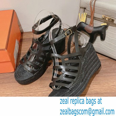 Hermes Heel 8.5cm Platform 5cm Catalya Wedge Espadrilles All Black 2023 - Click Image to Close