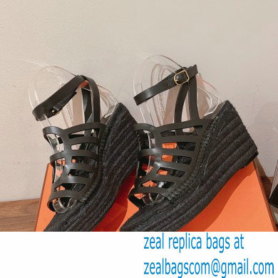 Hermes Heel 8.5cm Platform 5cm Catalya Wedge Espadrilles All Black 2023 - Click Image to Close