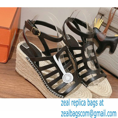 Hermes Heel 8.5cm Platform 5cm Catalya Wedge Espadrilles Black 2023 - Click Image to Close