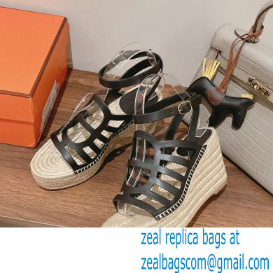 Hermes Heel 8.5cm Platform 5cm Catalya Wedge Espadrilles Black 2023 - Click Image to Close