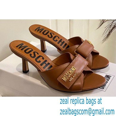 Moschino Heel 6.5cm Metal Logo foiled calfskin sandals Brown 2023 - Click Image to Close