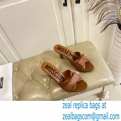 Moschino Heel 6.5cm Metal Logo foiled calfskin sandals Brown 2023 - Click Image to Close