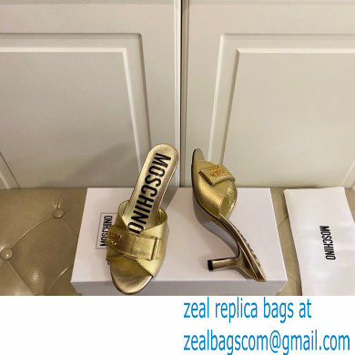 Moschino Heel 6.5cm Metal Logo foiled calfskin sandals Gold 2023 - Click Image to Close