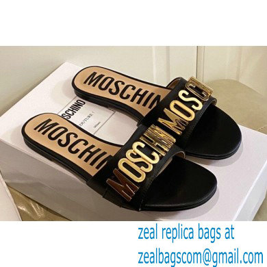 Moschino Metal Logo flat sandals Black 2023 - Click Image to Close
