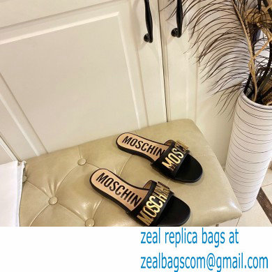 Moschino Metal Logo flat sandals Black 2023 - Click Image to Close