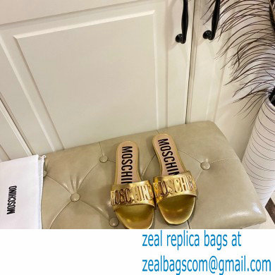 Moschino Metal Logo flat sandals Gold 2023 - Click Image to Close