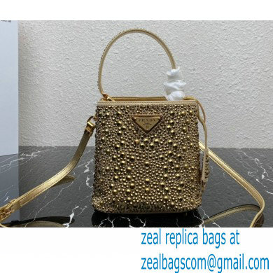 Prada Panier Satin bag with Crystals 1BA373 Gold 2023