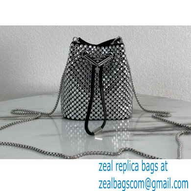 Prada Satin Mini Bucket bag with Crystals 1BD016 Black/Silver 2023 - Click Image to Close