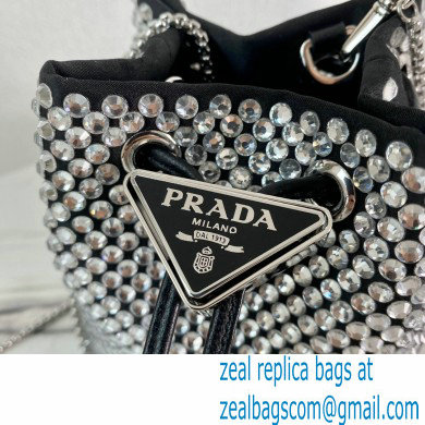 Prada Satin Mini Bucket bag with Crystals 1BD016 Black/Silver 2023