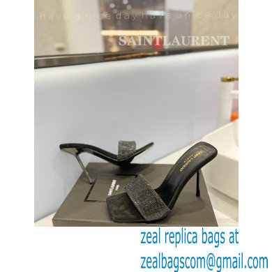 Saint Laurent Heel 10cm Crystal Mules Black - Click Image to Close