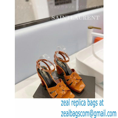 Saint Laurent Heel 10cm Platform 2cm Tribute Sandals in Patent Leather Brown