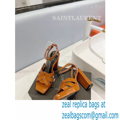 Saint Laurent Heel 10cm Platform 2cm Tribute Sandals in Patent Leather Brown - Click Image to Close
