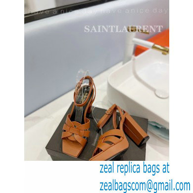 Saint Laurent Heel 10cm Platform 2cm Tribute Sandals in Smooth Leather Brown