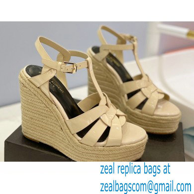 Saint Laurent Heel 12.5cm Platform 3.5cm Tribute Wedge Espadrilles in Patent Leather 611924 Beige