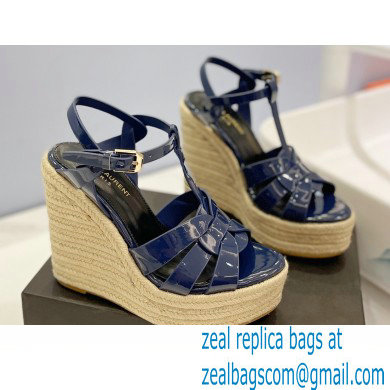 Saint Laurent Heel 12.5cm Platform 3.5cm Tribute Wedge Espadrilles in Patent Leather 611924 Blue