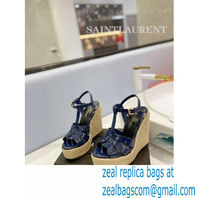 Saint Laurent Heel 12.5cm Platform 3.5cm Tribute Wedge Espadrilles in Patent Leather 611924 Blue