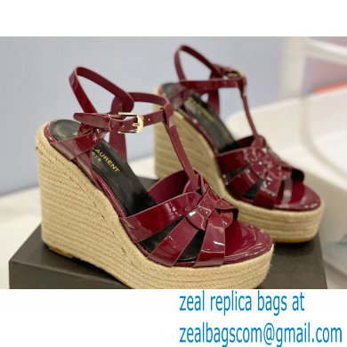 Saint Laurent Heel 12.5cm Platform 3.5cm Tribute Wedge Espadrilles in Patent Leather 611924 Burgundy