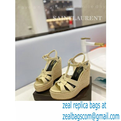 Saint Laurent Heel 12.5cm Platform 3.5cm Tribute Wedge Espadrilles in Smooth Leather 611924 Beige