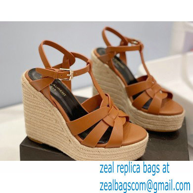 Saint Laurent Heel 12.5cm Platform 3.5cm Tribute Wedge Espadrilles in Smooth Leather 611924 Brown