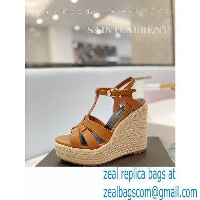 Saint Laurent Heel 12.5cm Platform 3.5cm Tribute Wedge Espadrilles in Smooth Leather 611924 Brown