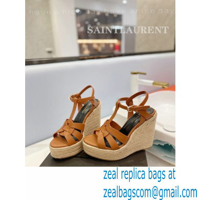 Saint Laurent Heel 12.5cm Platform 3.5cm Tribute Wedge Espadrilles in Smooth Leather 611924 Brown