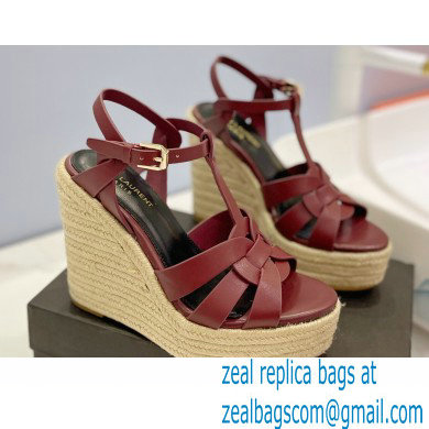 Saint Laurent Heel 12.5cm Platform 3.5cm Tribute Wedge Espadrilles in Smooth Leather 611924 Burgundy