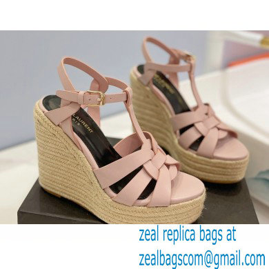 Saint Laurent Heel 12.5cm Platform 3.5cm Tribute Wedge Espadrilles in Smooth Leather 611924 Pink