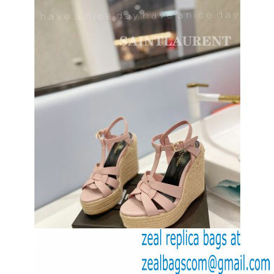 Saint Laurent Heel 12.5cm Platform 3.5cm Tribute Wedge Espadrilles in Smooth Leather 611924 Pink