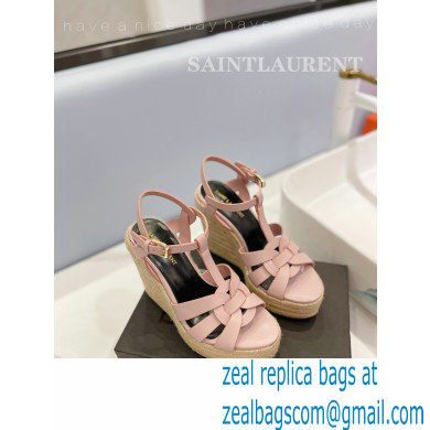 Saint Laurent Heel 12.5cm Platform 3.5cm Tribute Wedge Espadrilles in Smooth Leather 611924 Pink - Click Image to Close
