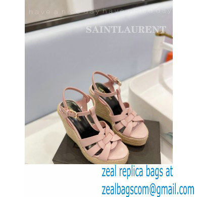 Saint Laurent Heel 12.5cm Platform 3.5cm Tribute Wedge Espadrilles in Smooth Leather 611924 Pink