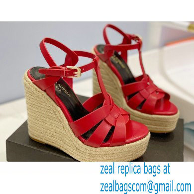 Saint Laurent Heel 12.5cm Platform 3.5cm Tribute Wedge Espadrilles in Smooth Leather 611924 Red