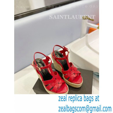 Saint Laurent Heel 12.5cm Platform 3.5cm Tribute Wedge Espadrilles in Smooth Leather 611924 Red