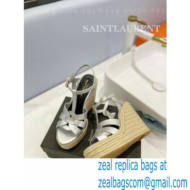 Saint Laurent Heel 12.5cm Platform 3.5cm Tribute Wedge Espadrilles in Smooth Leather 611924 Silver