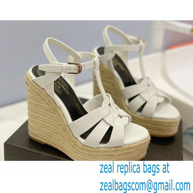 Saint Laurent Heel 12.5cm Platform 3.5cm Tribute Wedge Espadrilles in Smooth Leather 611924 White